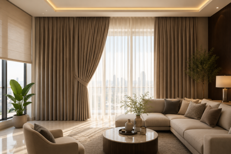 Heat Resistant Curtains Dubai in modern living room for sunlight and heat control